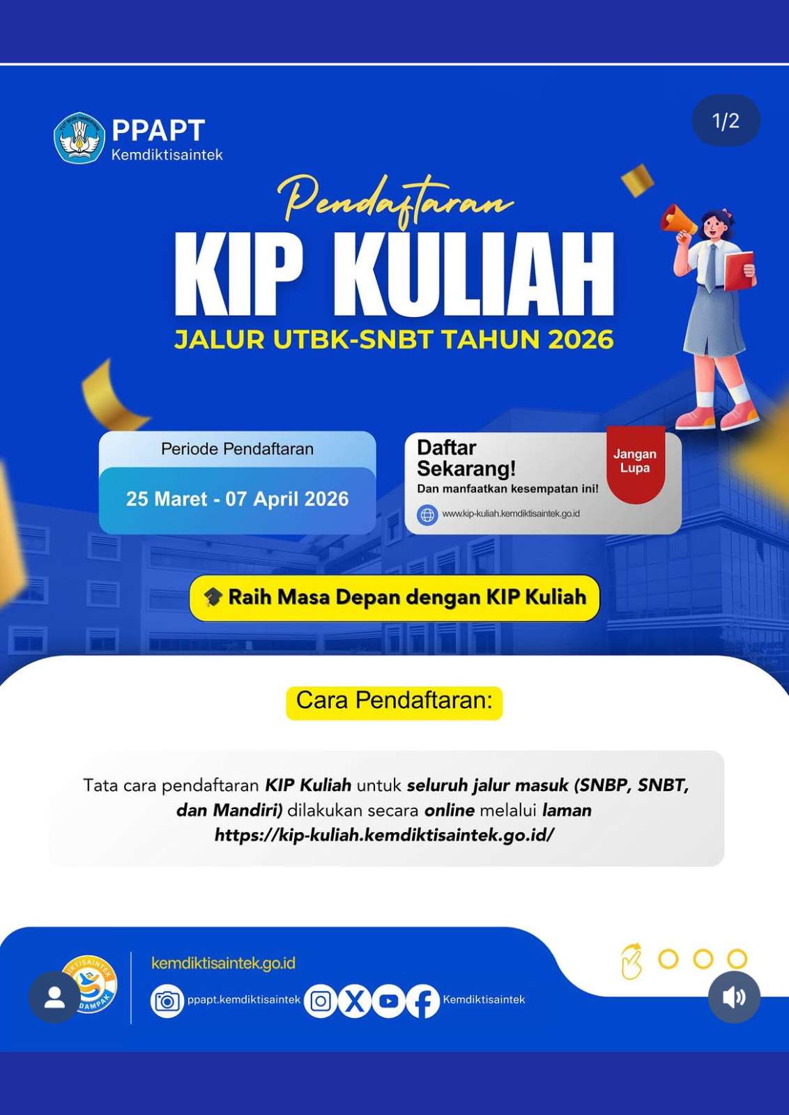 Telah Dibuka, Pendaftaran KIP-Kuliah Jalur UTBK-SNBT 2026