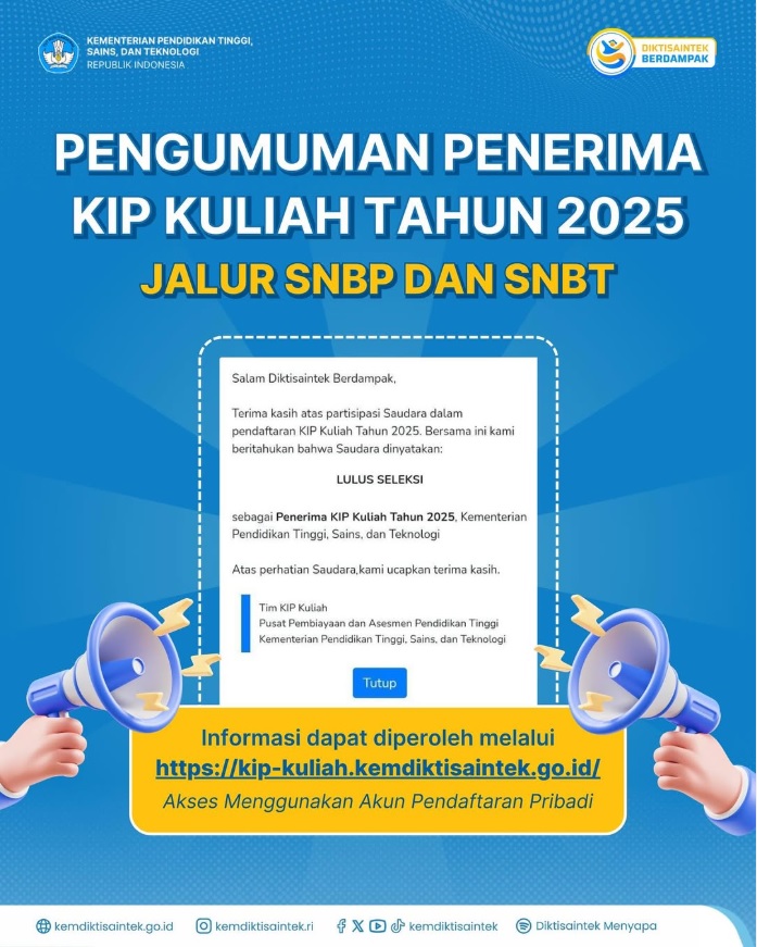 Pengumuman Penerima KIP Kuliah 2025 Jalur SNBP dan SNBT