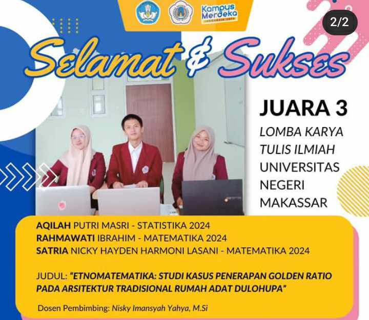 Kaji Budaya Lewat Matematika, Mahasiswa Jurusan Matematika UNG Raih Juara 3 lomba karya Tulis Ilmiah Nasional