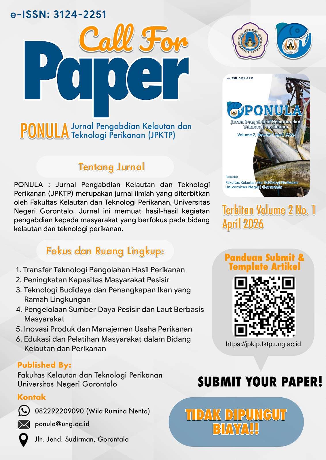 Call For Paper: Ponula Jurnal Pengabdian Kelautan dan Teknologi Perikanan (JPKTP)