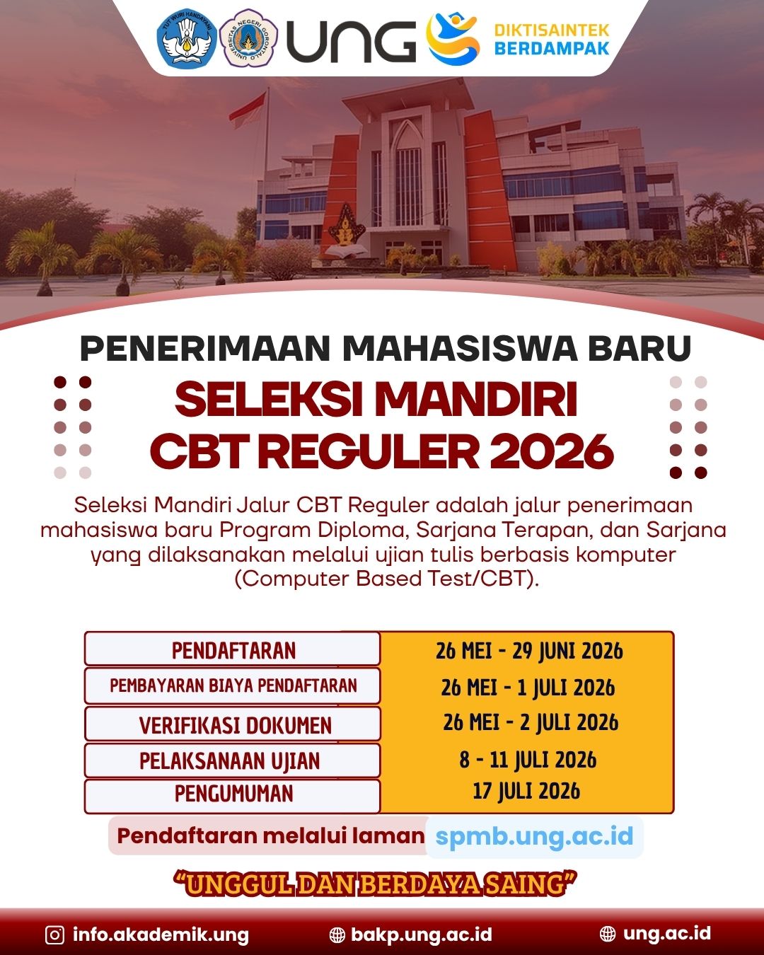 Penerimaan Mahasiswa Baru Melalui Seleksi Mandiri CBT Reguler Tahun 2026