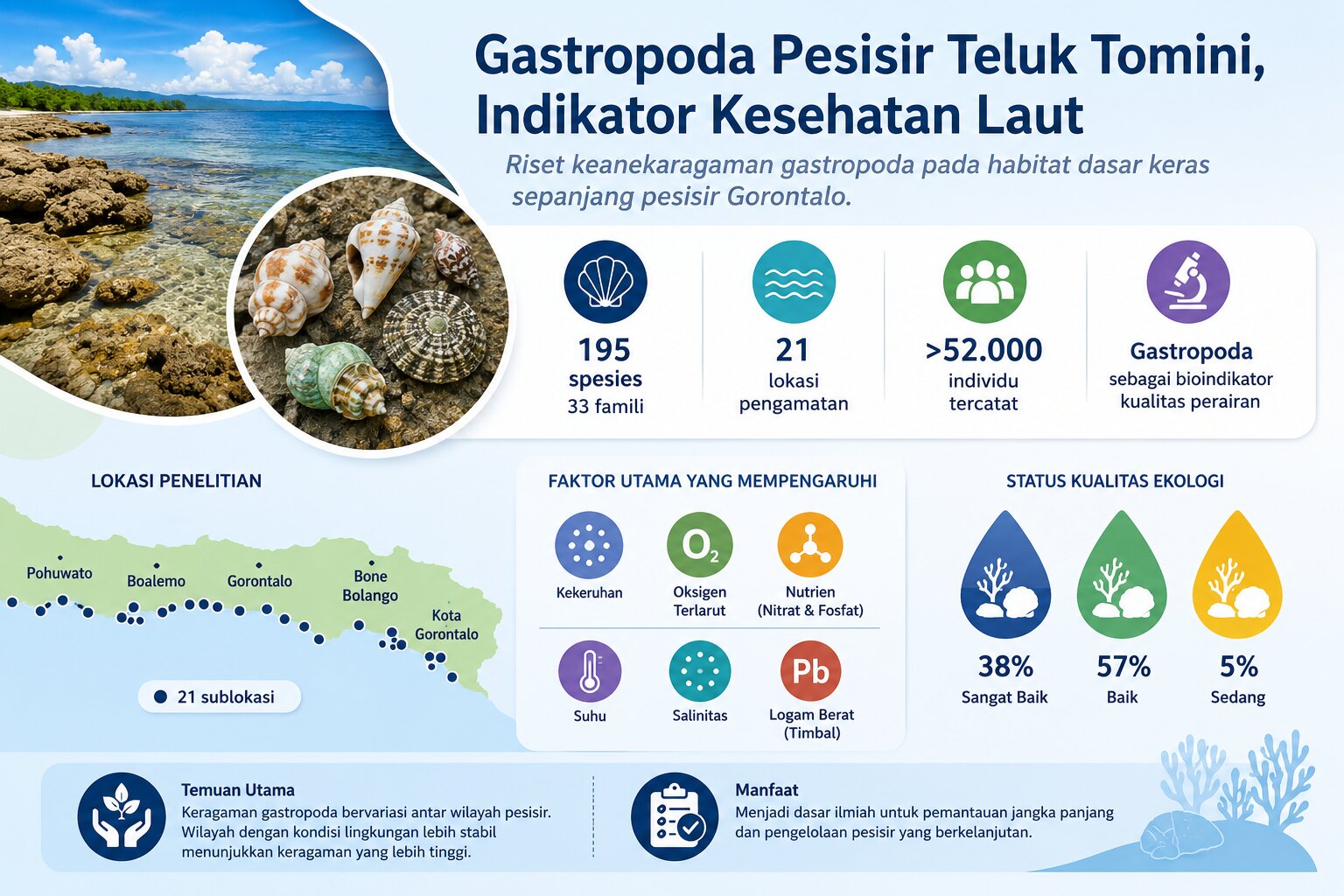 Riset UNG Ungkap Keanekaragaman Gastropoda di Pesisir Teluk Tomini sebagai Indikator Kesehatan Lingkungan Laut