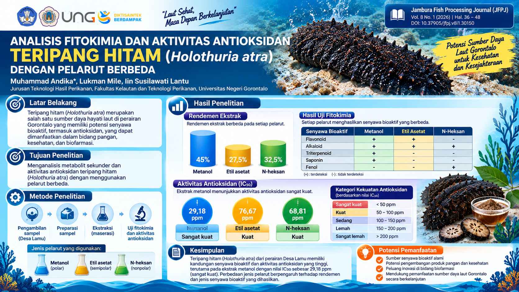 Penelitian Dosen UNG Ungkap Teripang Hitam dari Perairan Gorontalo Punya Aktivitas Antioksidan Sangat Kuat
